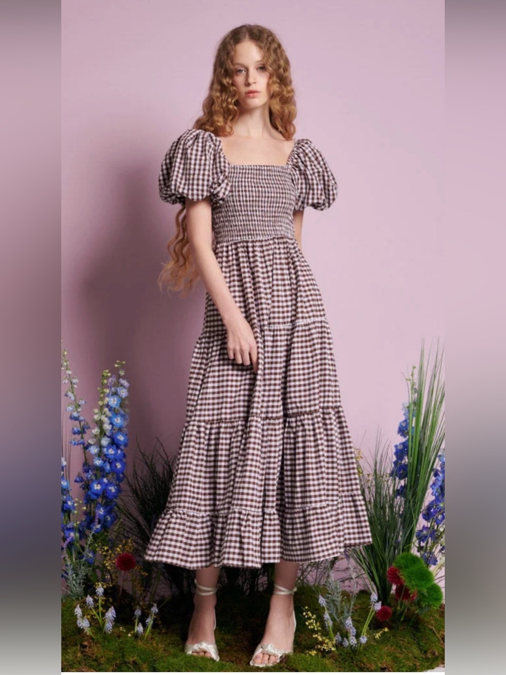 Sister Jane Brown White Gingham Puff-Sleeve Smocked Tiered Midi Dress